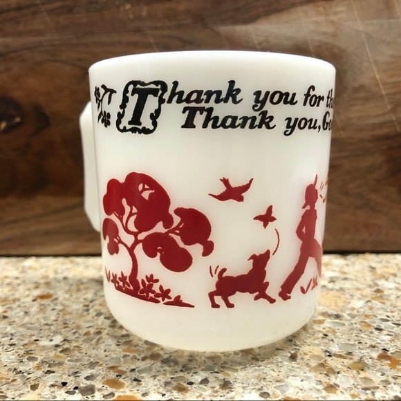 Hazel Atlas Milk Glass Mug White Red Kiddieware Child’s Thank You Prayer Vintage - Picture 1 of 6